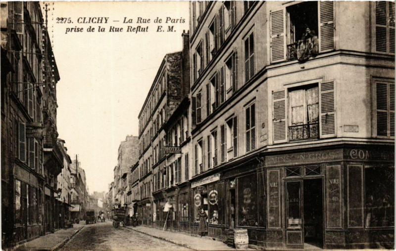 Carte postale ancienne La Rue de Paris prise de la Rue Reflut à Clichy