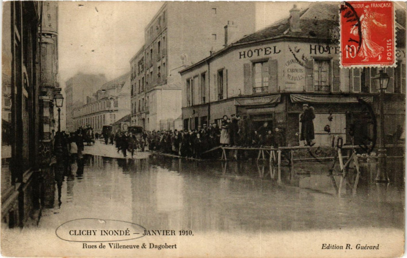 Carte postale ancienne Clichy inondé - Rues de Villeneuve & Dagobert à Clichy