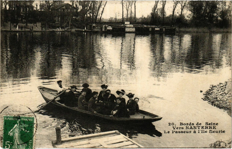 Carte postale ancienne Bords de Seine vers Nanterre-Le Passeur á l'Ile Fleurie à Nanterre