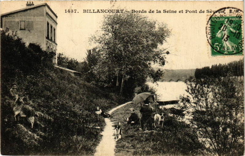 Carte postale ancienne Billancourt Bords de la Seine et Pont de Sévres à Sèvres