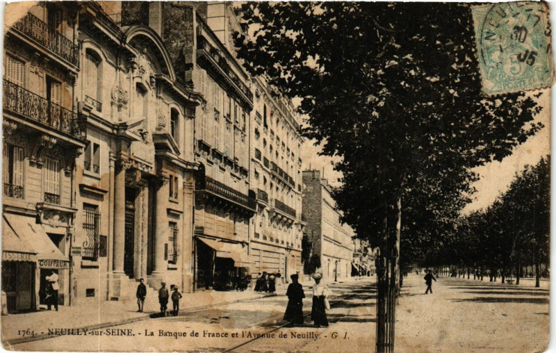Carte postale ancienne Neuilly sur Seine La Banque de France et l'Avenue de Neuilly à Neuilly-sur-Seine