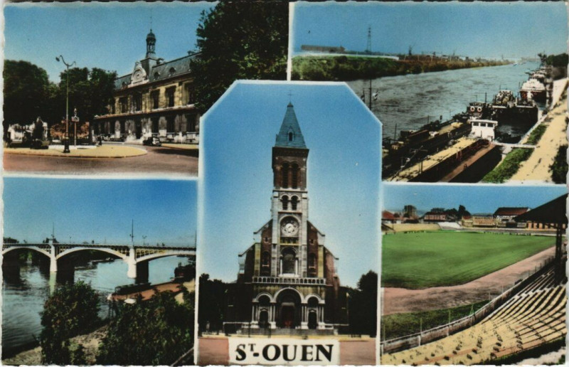 Carte postale ancienne La Mairie, les Quais de la Seine, Le Pont, l'Eglise Notre-Dame du Rosaire et le Stade à Saint-Ouen-sur-Seine