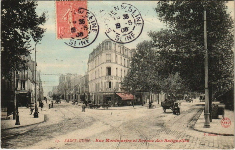 Carte postale ancienne Rue Montmartre et Avenue des Batignolles à Saint-Ouen-sur-Seine