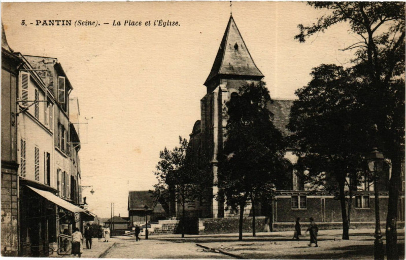 Carte postale ancienne Pantin (Seine) - La Place et l'Eglise à Pantin