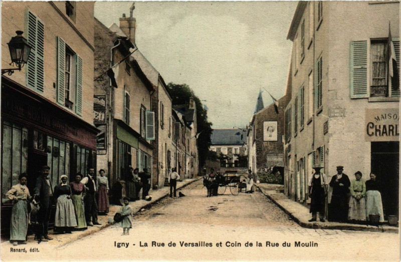 Carte postale ancienne Igny La Rue de Versailles Coin de la Rue du Moulin à Igny