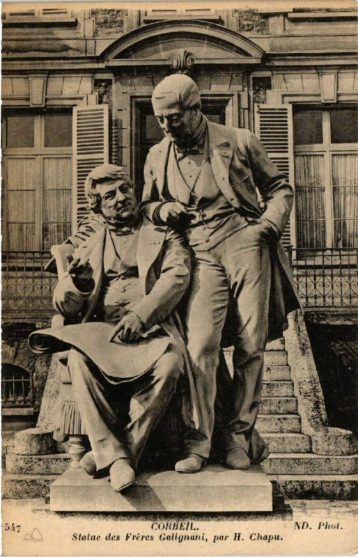 Carte postale ancienne Corbeil - Statue de Freres Galignani - par H. Chapu