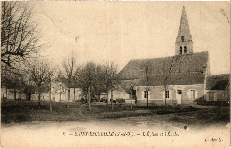 Carte postale ancienne Saint-Escobille - L'Eglise et l'Ecole à Saint-Escobille