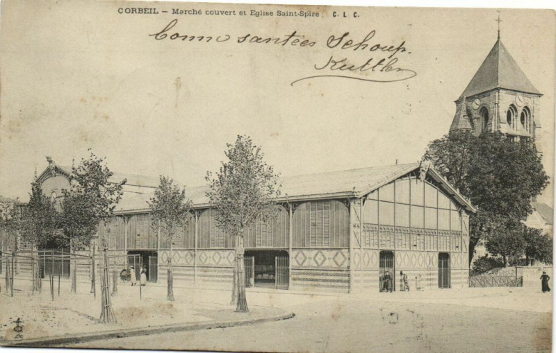 Carte postale ancienne Corbeil - Marche couvert et Eglise Saint-Spire