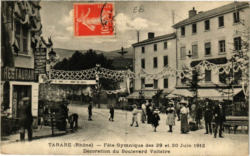 Carte postale ancienne Tarare - Fete Gymnique - Decoration du Boulevard Voltaire - 1912 à Tarare