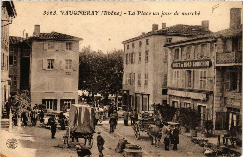 Carte postale ancienne Vaugneray - La Place un jour de Marché à Vaugneray