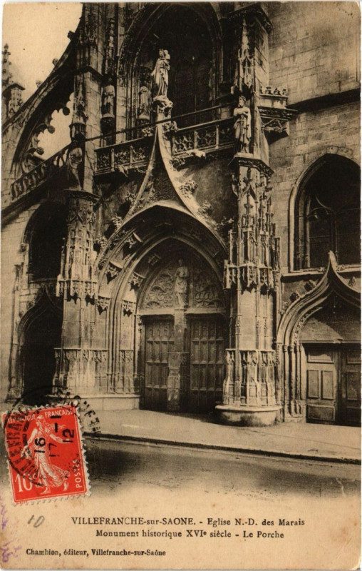 Carte postale ancienne Villefranche-sur-Saone - Eglise N.-D. des Marais - Le Porche à Villefranche-sur-Saône