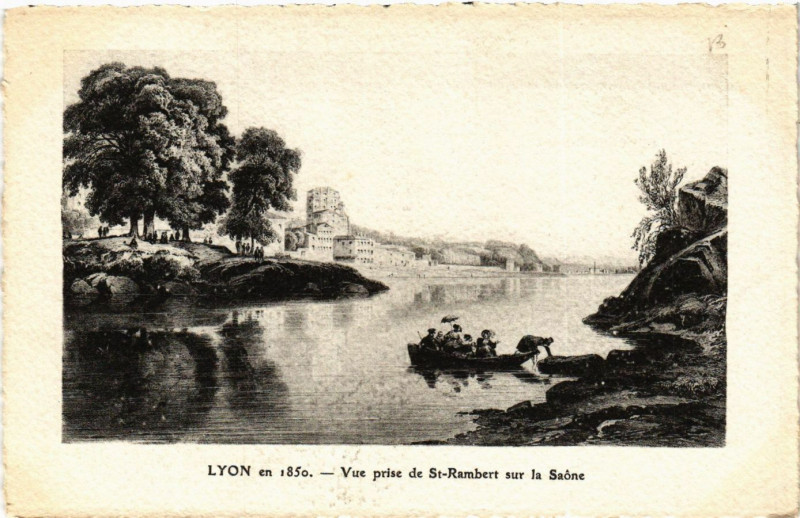 Carte postale ancienne Lyon en 1850 - Vue prise de St Rambert sur la Saone à Lyon