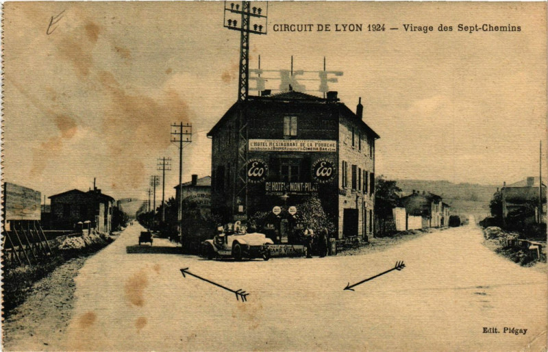 Carte postale ancienne Circuit de Lyon 1924 - Virage des Sept Chemins à Lyon