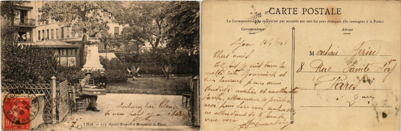 Carte postale ancienne Lyon Square Raspail et Monument de Thiers. à Lyon