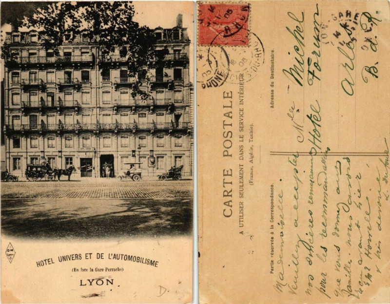Carte postale ancienne Lyon Hotel Univers de l'Automobilisme En face de la Gare. à Lyon