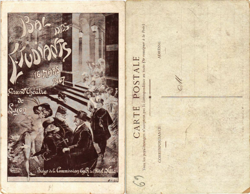 Carte postale ancienne Garnd Theatre de Lyon Bal des Etudiants 16 mars 1907. à Lyon