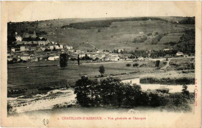 Carte postale ancienne Chatillon d'Azergues Vue générale et l'Azergue à Châtillon