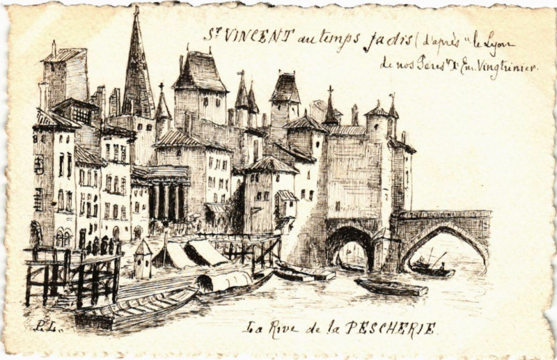Carte postale ancienne Lyon St-Vincent au temps Jadis-La Rive de la Pescherie à Lyon