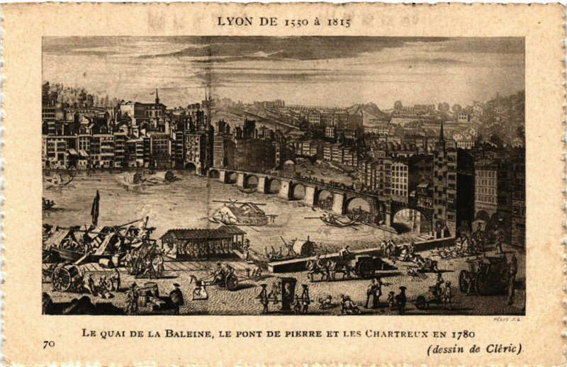 Carte postale ancienne Lyon Le quai de la Baleine Le Pont de Pierre et les Chartreux à Lyon
