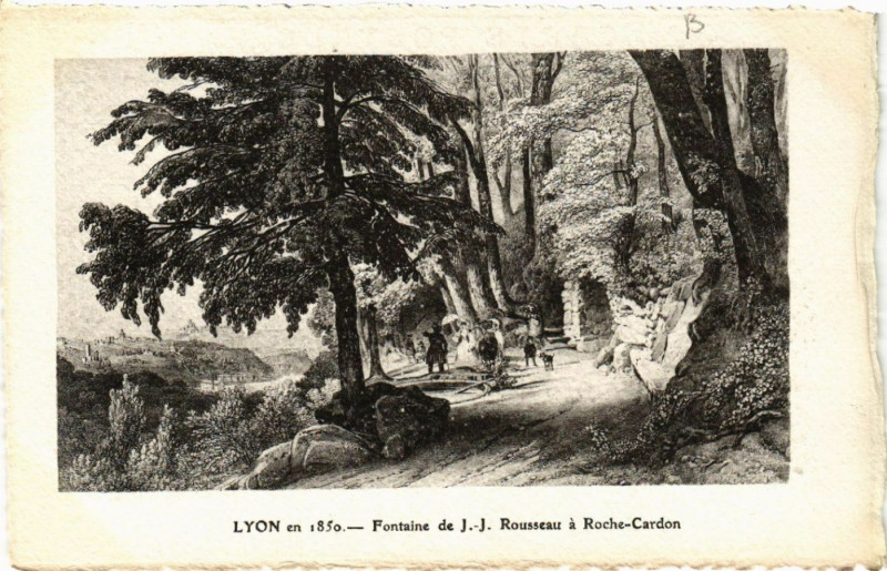 Carte postale ancienne Lyon Fontaine de J.J. Rousseau a Roche Cardon à Lyon