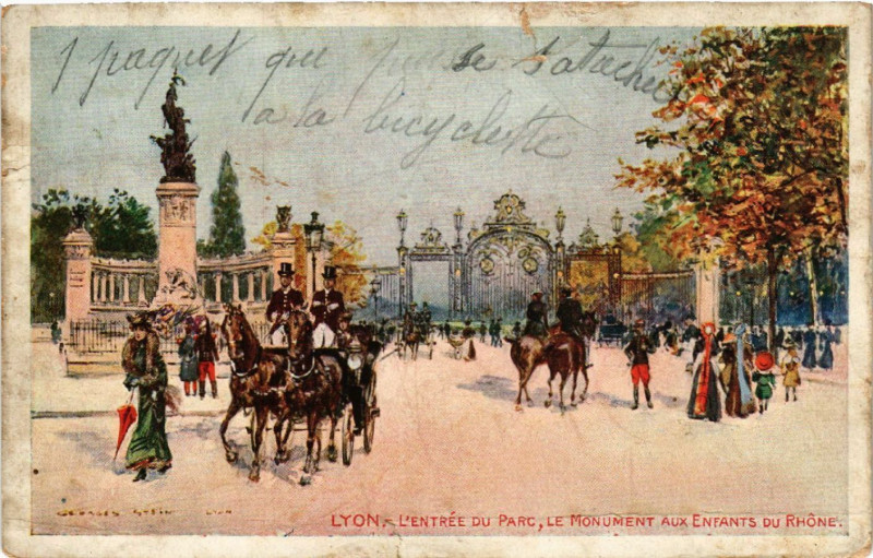 Carte postale ancienne Lyon-Entrée du Parc Le monument aux Enfants du Rhone à Lyon