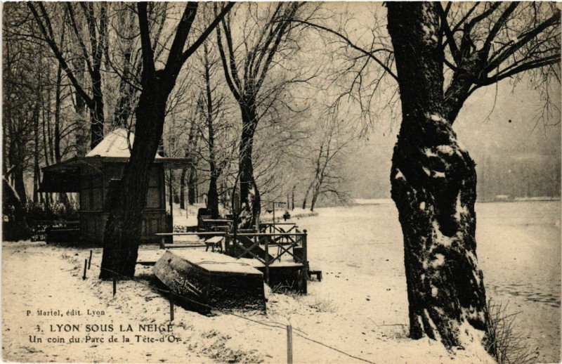 Carte postale ancienne Lyon Sous la Neige Un coin du Parc de la Tete d'Or à Lyon