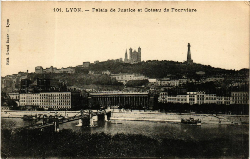 Carte postale ancienne Palais de Justice et Coteau de Fourvière à Lyon 2e Arrondissement