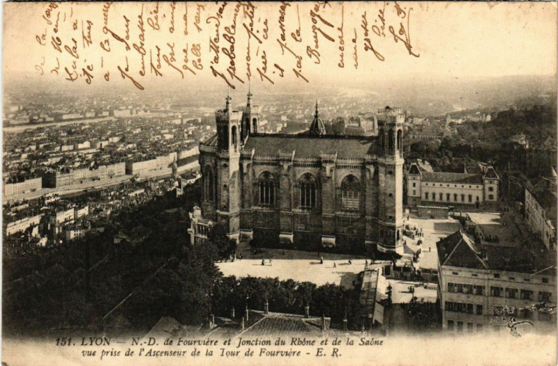 Carte postale ancienne Lyon Notre Dame de Fourviere et Jonction du Rhone à Lyon