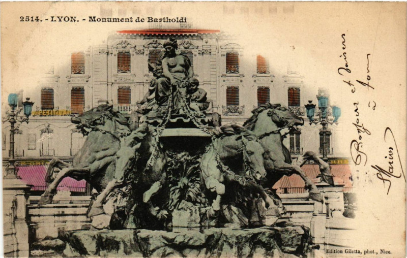 Carte postale ancienne Lyon Monument de Bartholdi à Lyon