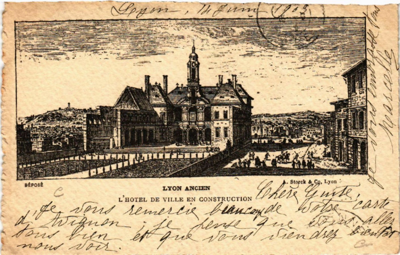 Carte postale ancienne Lyon Ancien-L'Hotel de Ville en construction à Lyon