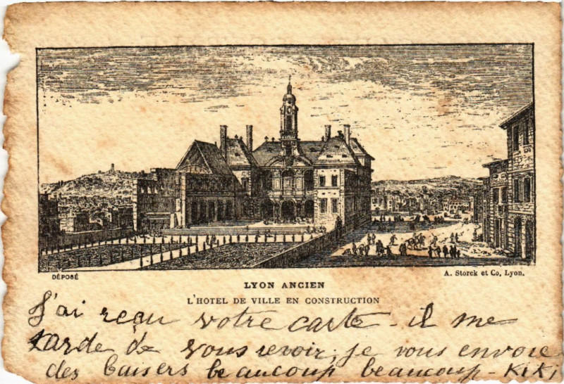 Carte postale ancienne Lyon Ancien-L'Hotel de Ville en construction à Lyon