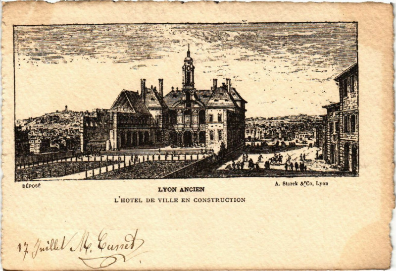 Carte postale ancienne Lyon Ancien-L'Hotel de Ville en construction à Lyon