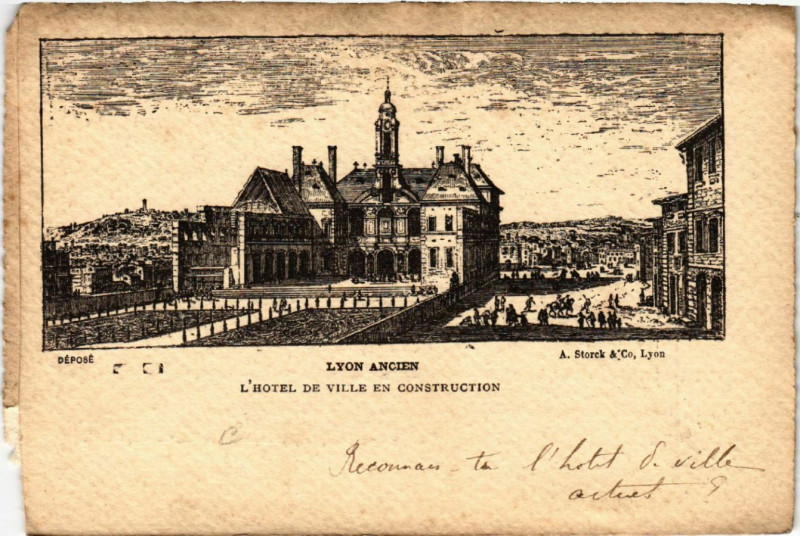 Carte postale ancienne Lyon Ancien-L'Hotel de Ville en construction à Lyon