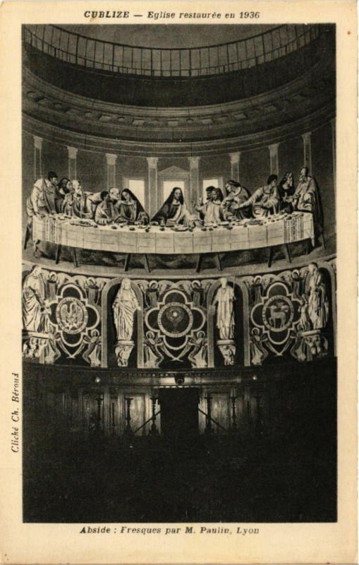 Carte postale ancienne Cublize - Eglise restaurée en 1936 - Abside Fresques par M.Paulin à Cublize
