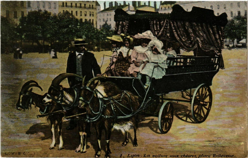 Carte postale ancienne Lyon - La Voiture aux Chevres à Lyon
