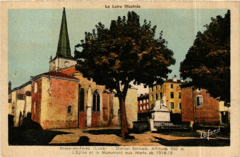 Carte postale ancienne Usson-en-Forez - L'Eglise et le Monument aux Morts France à Usson-en-Forez