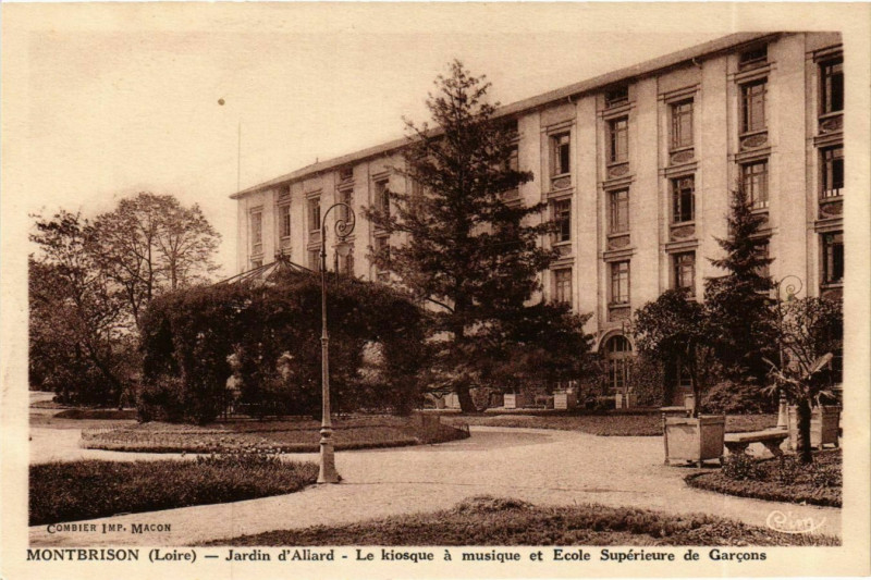 Carte postale ancienne Montbrison - Jardin d'Allard - Le Kiosque a Musique et Ecole S. à Montbrison