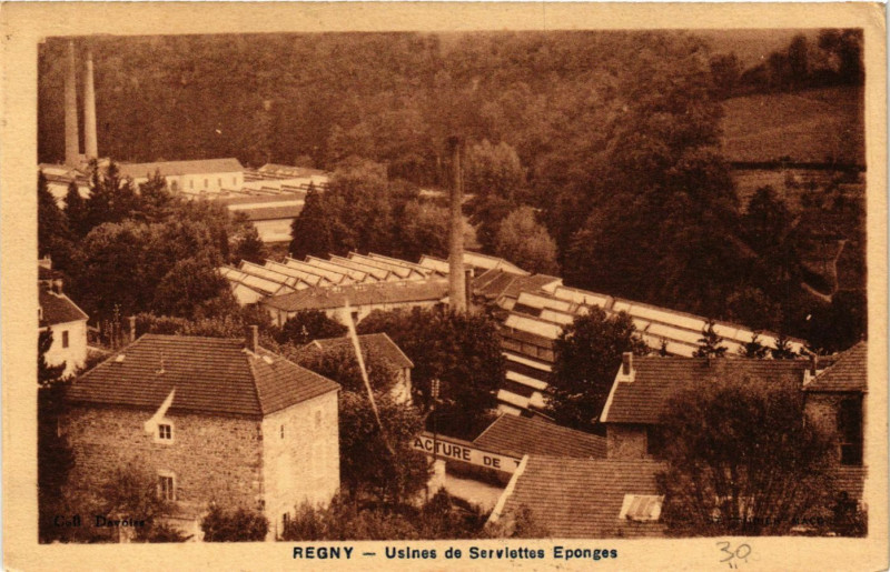 Carte postale ancienne Regny- Usines de Servettes Eponges à Régny