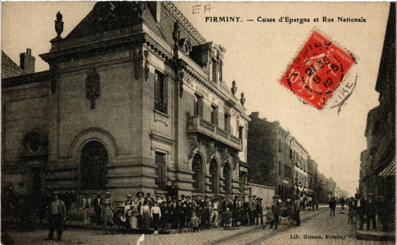 Carte postale ancienne Firminy - Caisse d'Epargne et Rue Nationale à Firminy