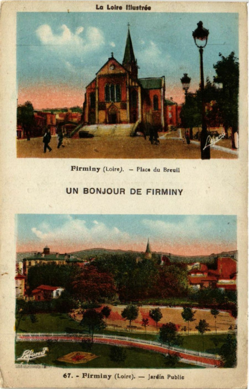 Carte postale ancienne Un Bonjour de Firminy - Firminy - Place du Breuil - Jardin à Firminy