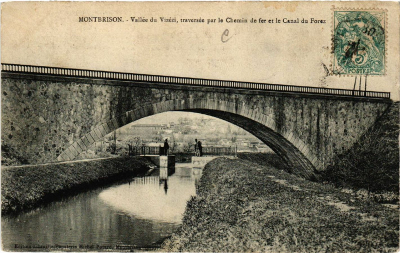 Carte postale ancienne La Vallée du Vizézy, traversée par le Chemin de fer et le Canal du Forez à Montbrison
