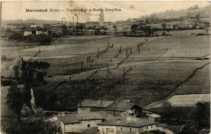 Carte postale ancienne Marcenod - Vue Générale et Moulin Campillon à Marcenod