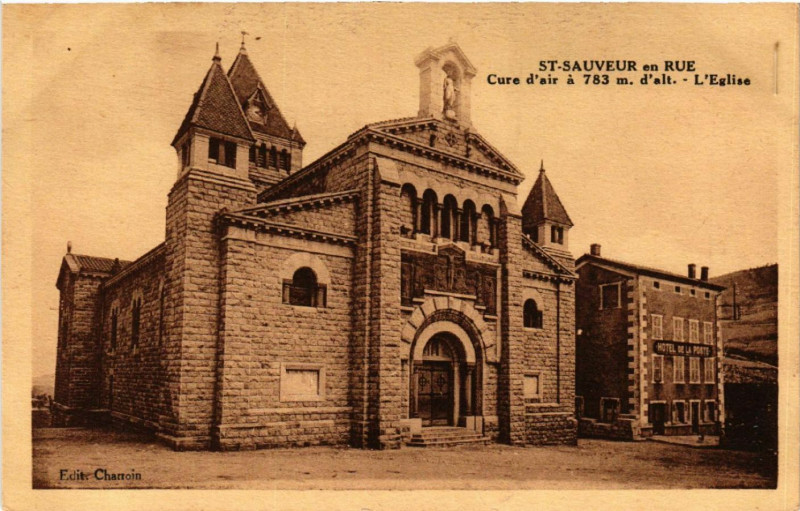Carte postale ancienne Saint-Sauveur-en-Rue - Cure d'air a 783 m d'alt. - L'Eglise à Saint-Sauveur-en-Rue