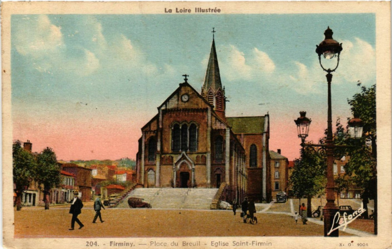 Carte postale ancienne Firminy - Place du Breuil - Eglise St-Firminy à Firminy