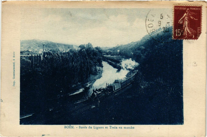 Carte postale ancienne Boen - Bords du Lignon et Train en Marché