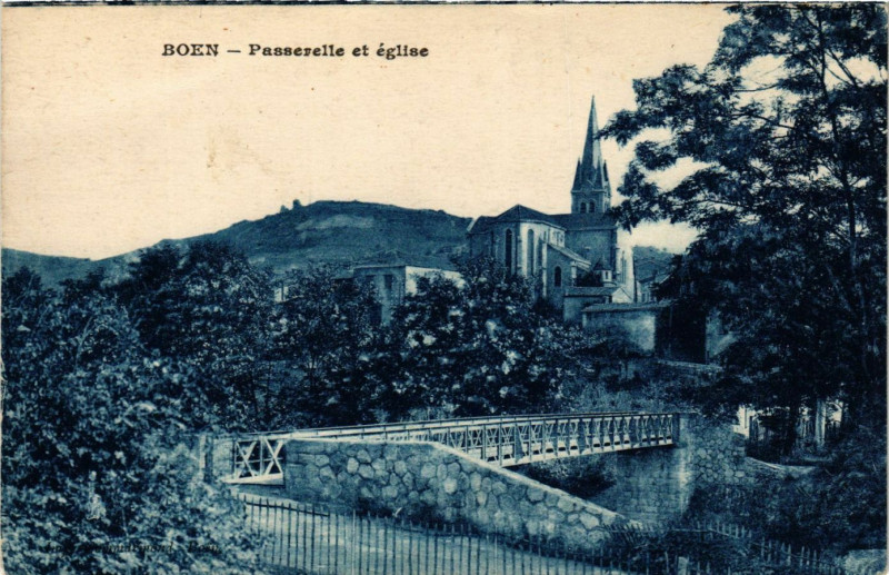 Carte postale ancienne Boen - Passerelle et église
