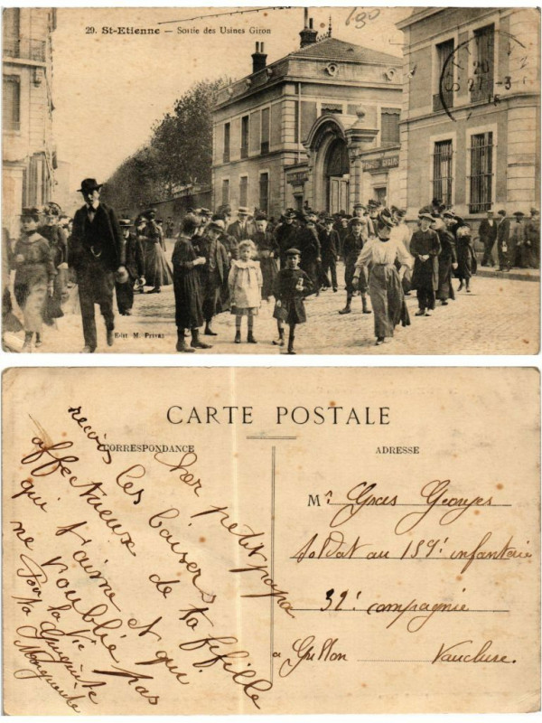 Carte postale ancienne Saint-Etienne Sortie des Usines Giron
