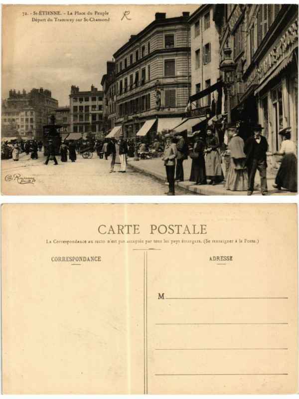 Carte postale ancienne Saint-Etienne La Place du Peuple Depart du Tramway sur Saint-Chamond à Saint-Chamond