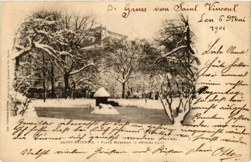 Carte postale ancienne Saint-Etienne Place Marengo 2 fevrier 1901