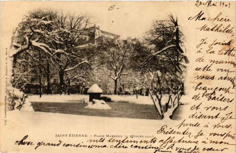 Carte postale ancienne Saint-Etienne Place Marengo 2 fevrier 1901